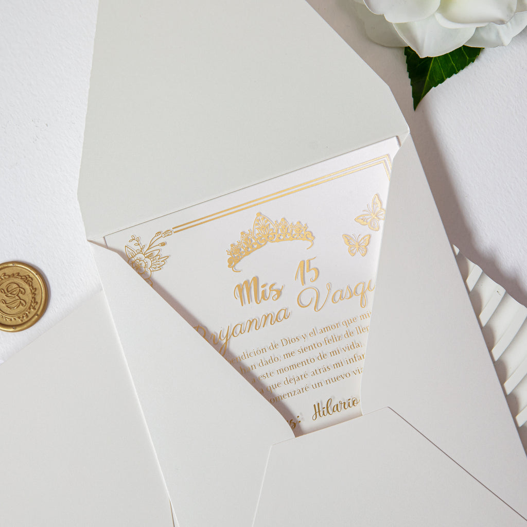 PONATIA 1mm/0.04'' Foil Print in Gold Clear Acrylic  Quinceanera Invitation Cards  and Shinny Ivory Envelopes