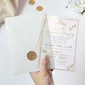 PONATIA 1mm/0.04'' Foil Print in Gold Clear Acrylic  Quinceanera Invitation Cards  and Ivory Envelopes