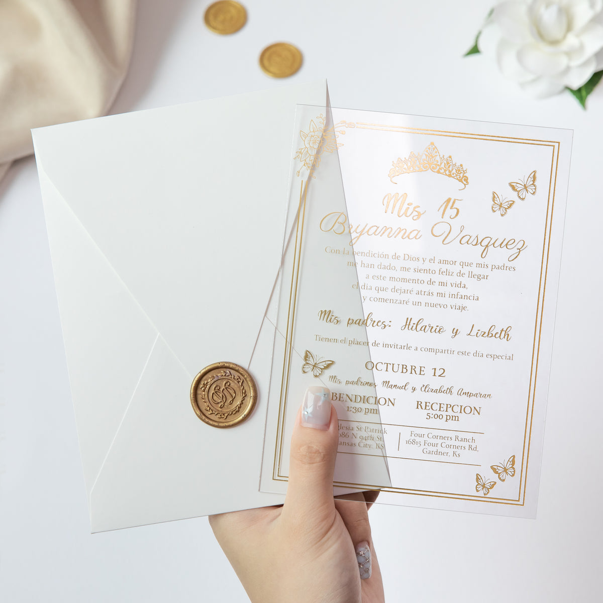 PONATIA 1mm/0.04'' Foil Print in Gold Clear Acrylic  Quinceanera Invitation Cards  and Ivory Envelopes