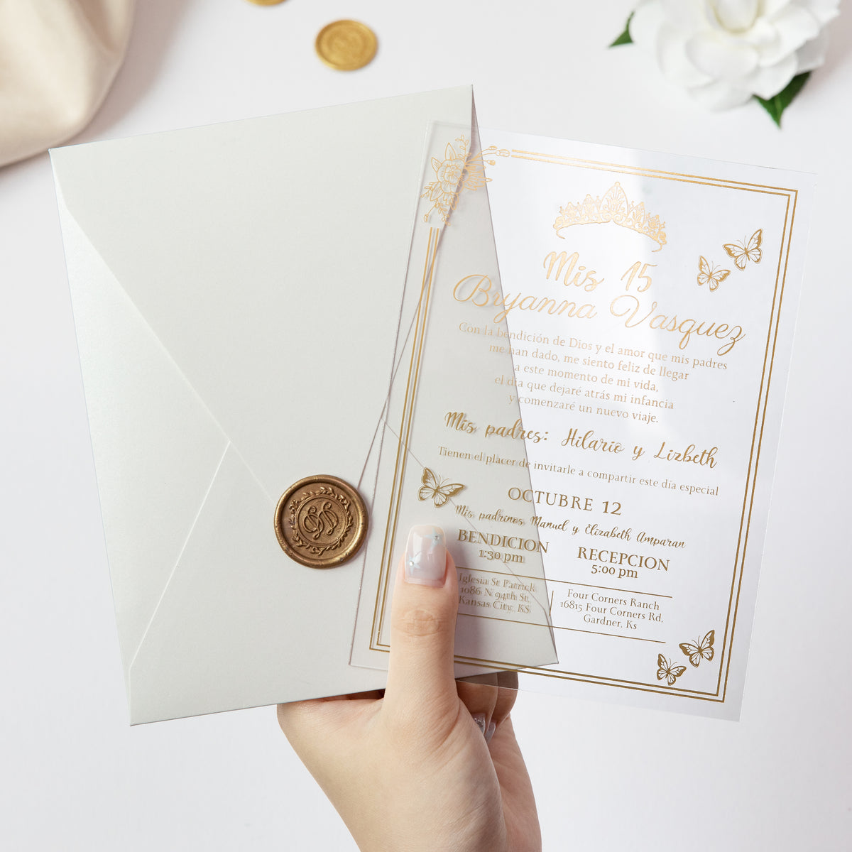 PONATIA 1mm/0.04'' Foil Print in Gold Clear Acrylic  Quinceanera Invitation Cards  and Shinny Ivory Envelopes