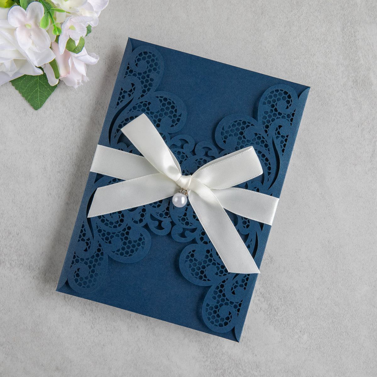 PONATIA 20 PCS Navy Blue Laser Cut Invitation Cards with Ribbons and Rhinestone Pearls