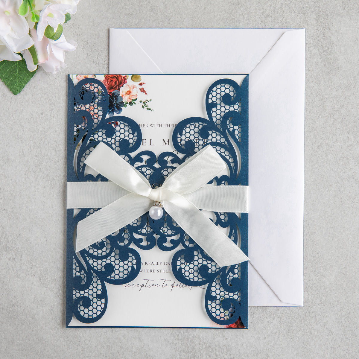 PONATIA 20 PCS Navy Blue Laser Cut Invitation Cards with Ribbons and Rhinestone Pearls