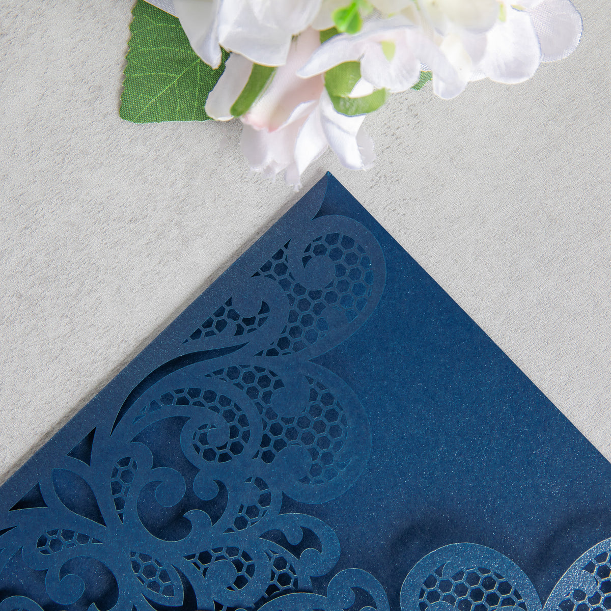 PONATIA 20 PCS Navy Blue Laser Cut Invitation Cards with Ribbons and Rhinestone Pearls