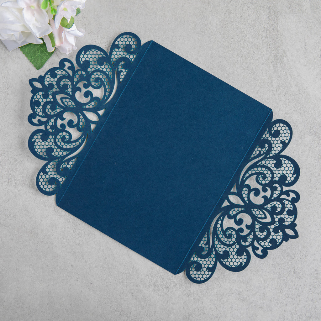 PONATIA 20 PCS Navy Blue Laser Cut Invitation Cards with Ribbons and Rhinestone Pearls