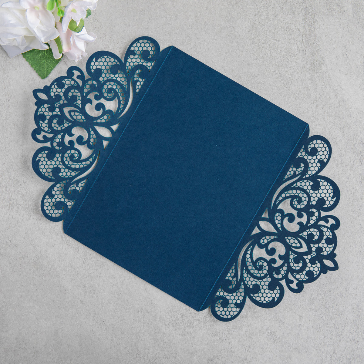 PONATIA 20 PCS Navy Blue Laser Cut Invitation Cards with Ribbons and Rhinestone Pearls