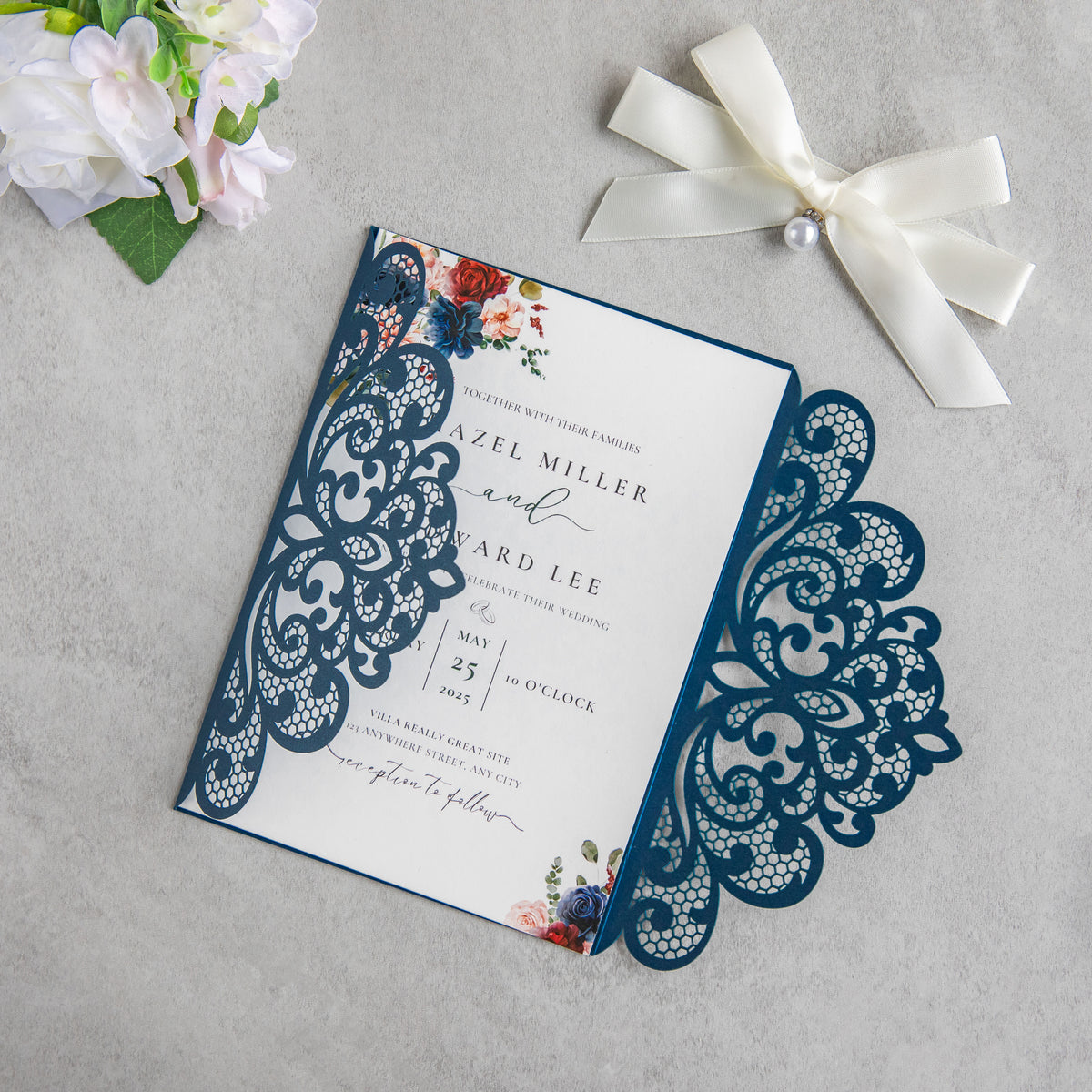 PONATIA 20 PCS Navy Blue Laser Cut Invitation Cards with Ribbons and Rhinestone Pearls
