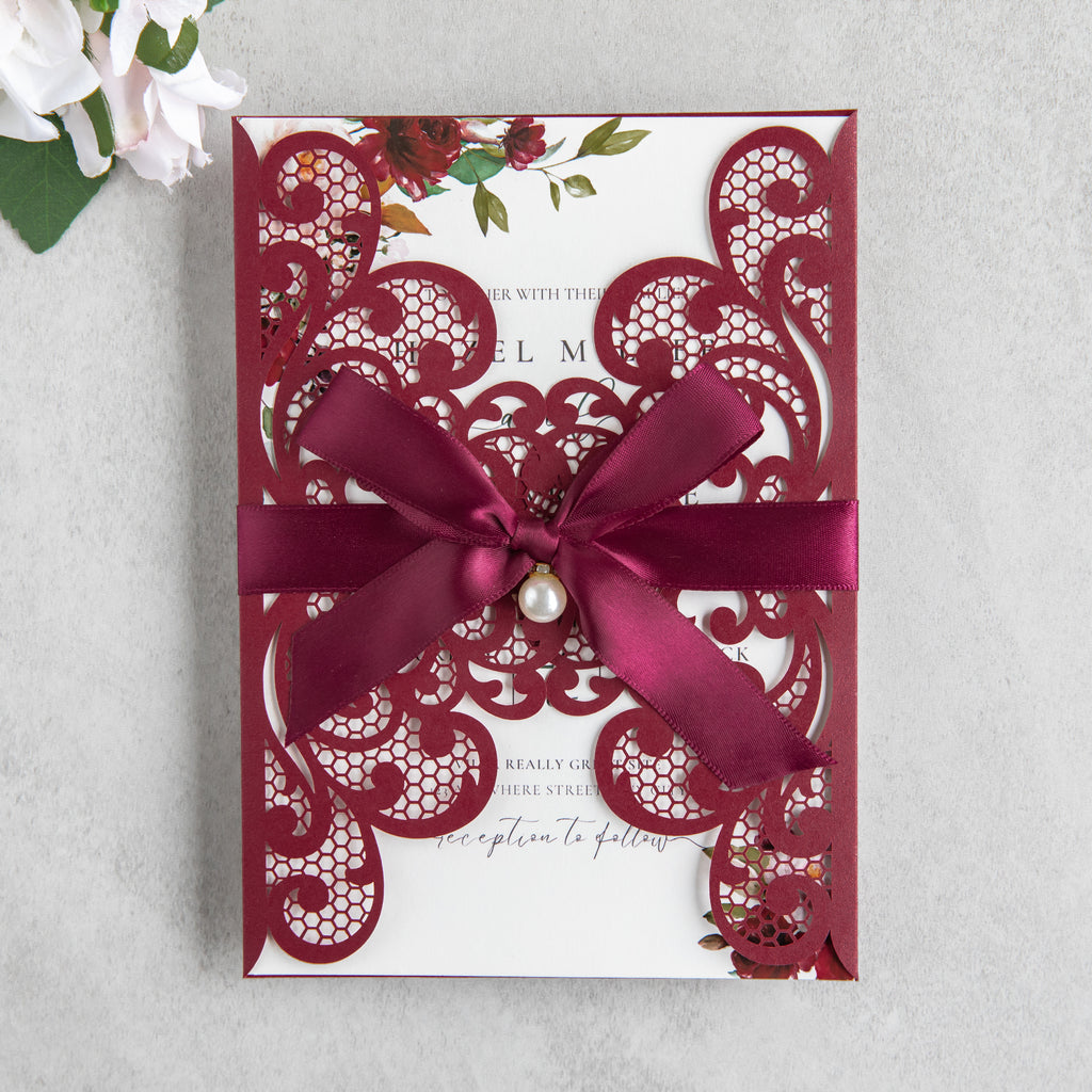 PONATIA 20 PCS Burgundy Laser Cut Invitation Cards with Ribbons and Rhinestone Pearls