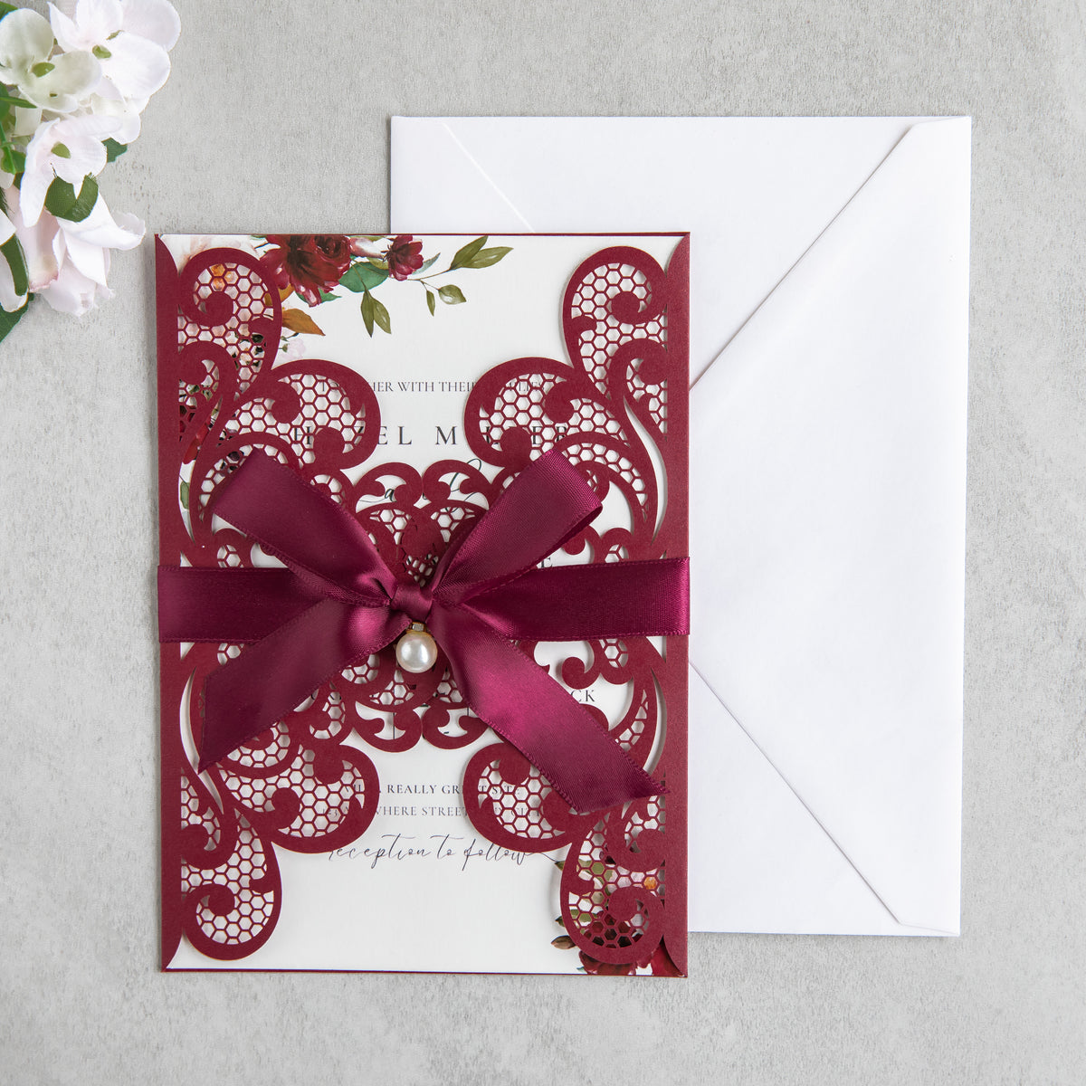 PONATIA 20 PCS Burgundy Laser Cut Invitation Cards with Ribbons and Rhinestone Pearls