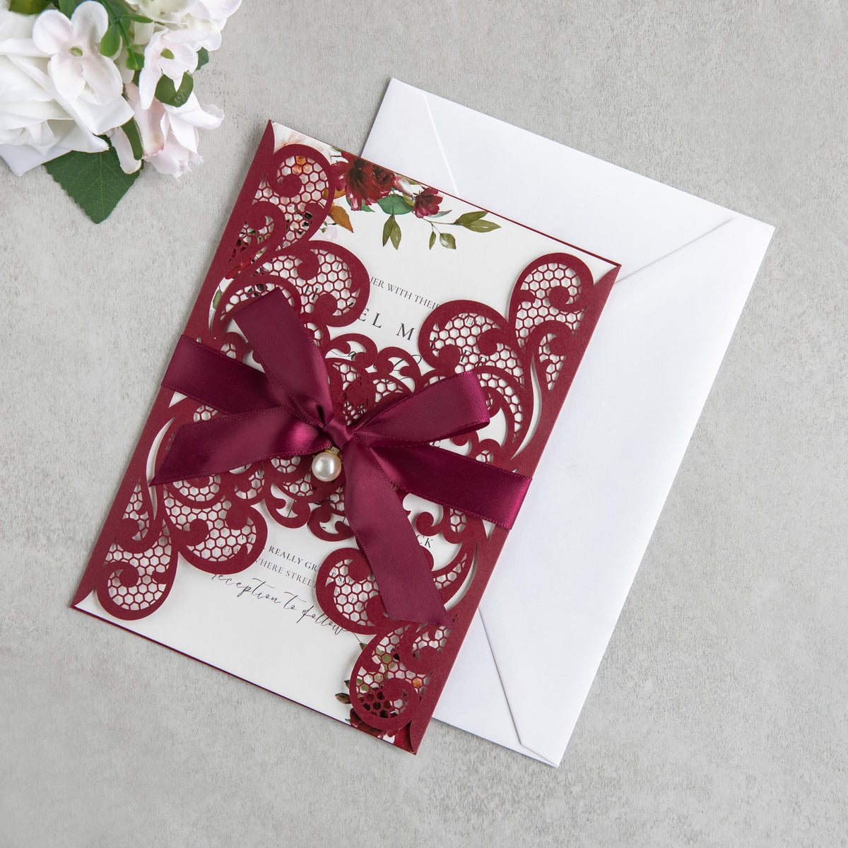 PONATIA 20 PCS Burgundy Laser Cut Invitation Cards with Ribbons and Rhinestone Pearls