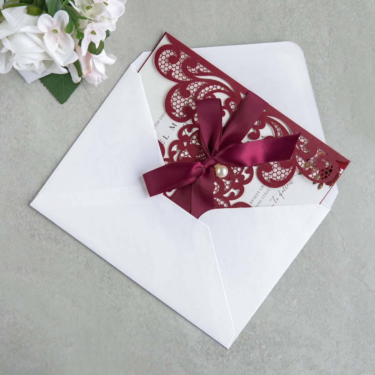 PONATIA 20 PCS Burgundy Laser Cut Invitation Cards with Ribbons and Rhinestone Pearls