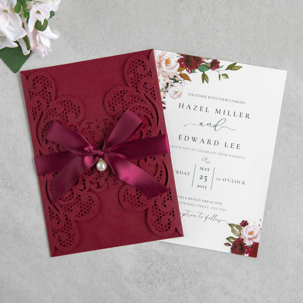 PONATIA 20 PCS Burgundy Laser Cut Invitation Cards with Ribbons and Rhinestone Pearls