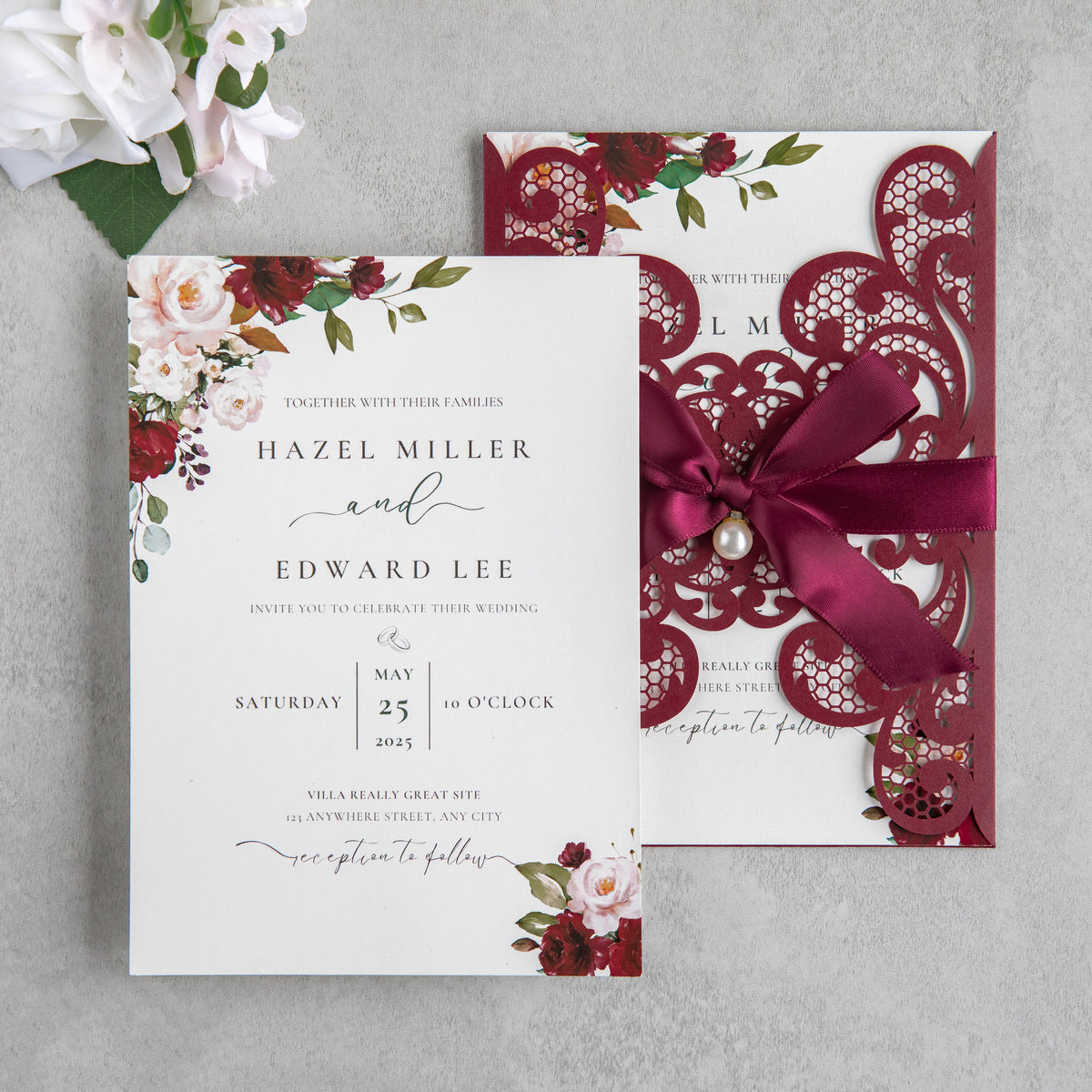 PONATIA 20 PCS Burgundy Laser Cut Invitation Cards with Ribbons and Rhinestone Pearls