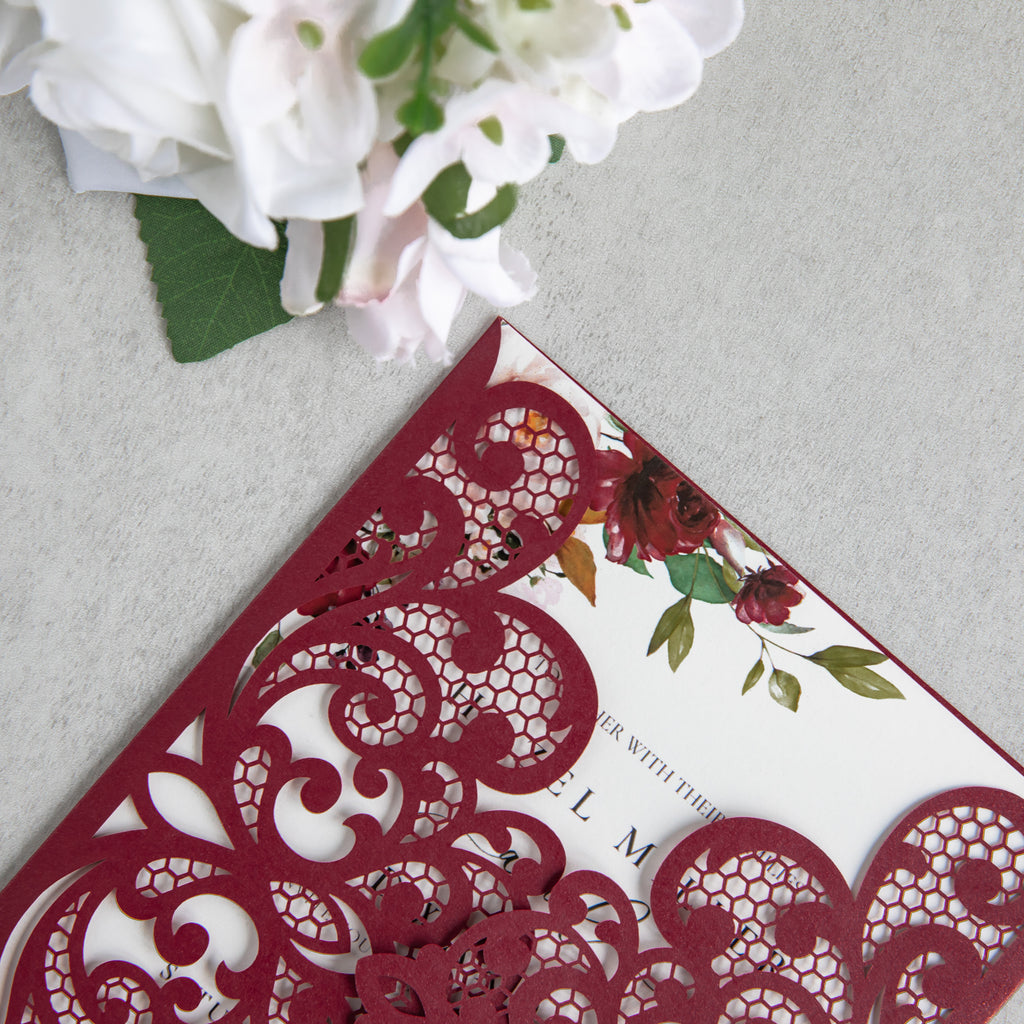 PONATIA 20 PCS Burgundy Laser Cut Invitation Cards with Ribbons and Rhinestone Pearls