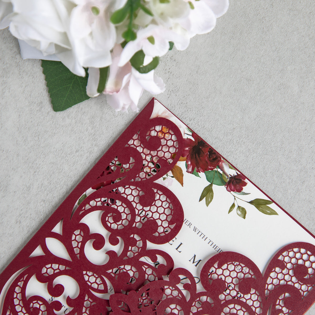 PONATIA 20 PCS Burgundy Laser Cut Invitation Cards with Ribbons and Rhinestone Pearls