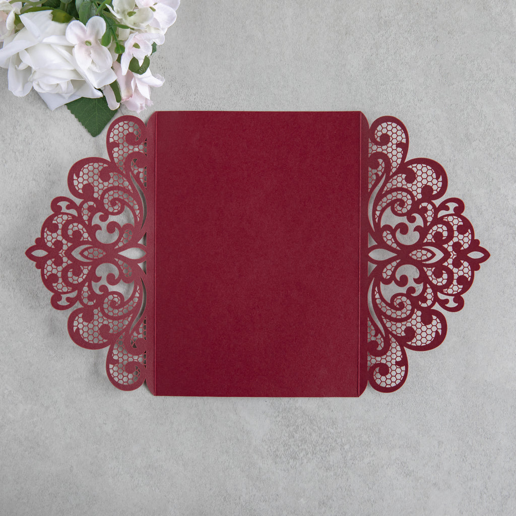 PONATIA 20 PCS Burgundy Laser Cut Invitation Cards with Ribbons and Rhinestone Pearls