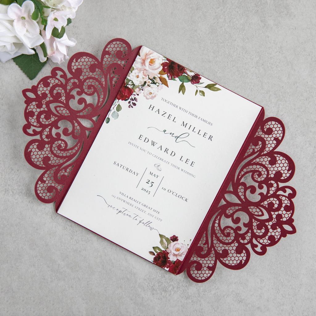 PONATIA 20 PCS Burgundy Laser Cut Invitation Cards with Ribbons and Rhinestone Pearls