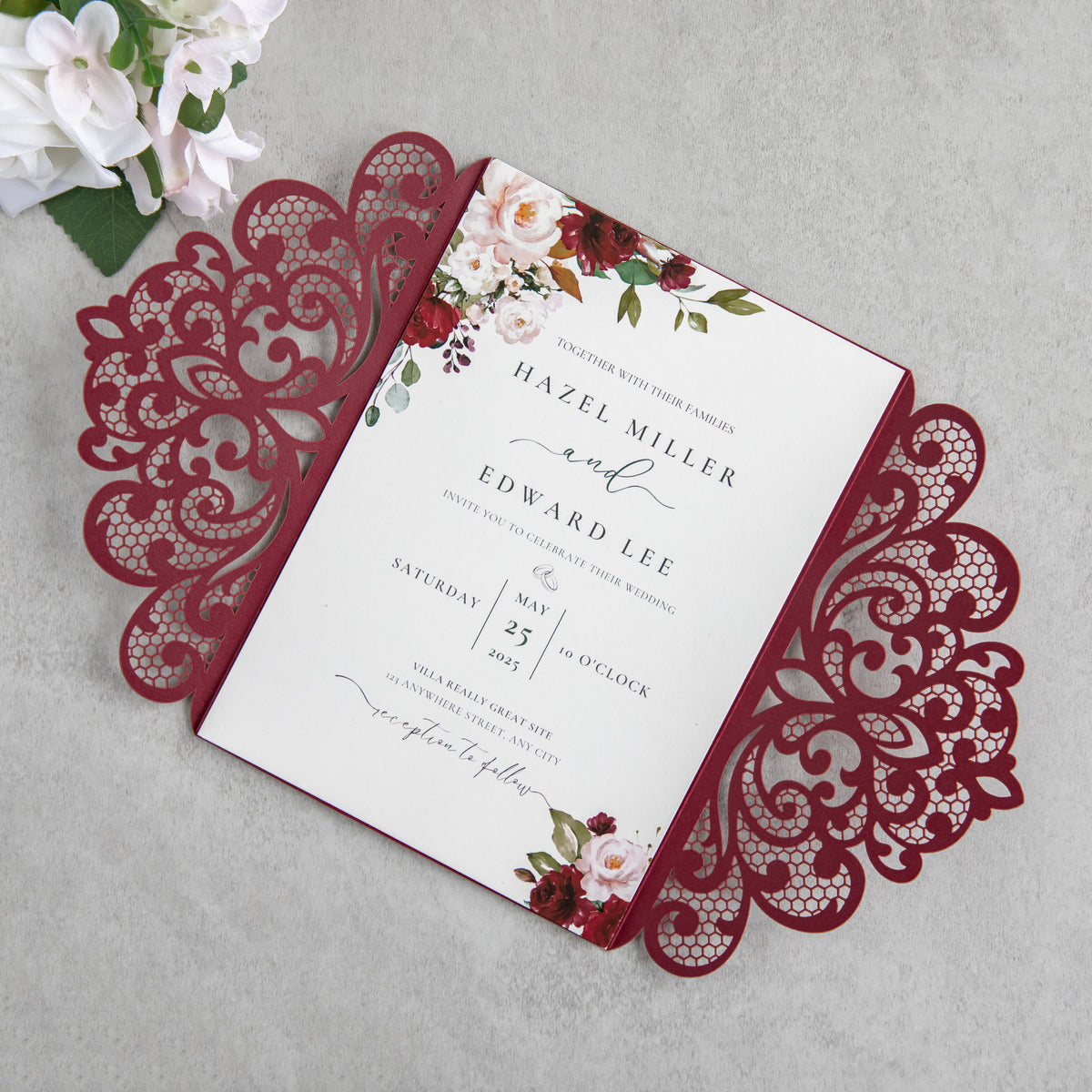 PONATIA 20 PCS Burgundy Laser Cut Invitation Cards with Ribbons and Rhinestone Pearls