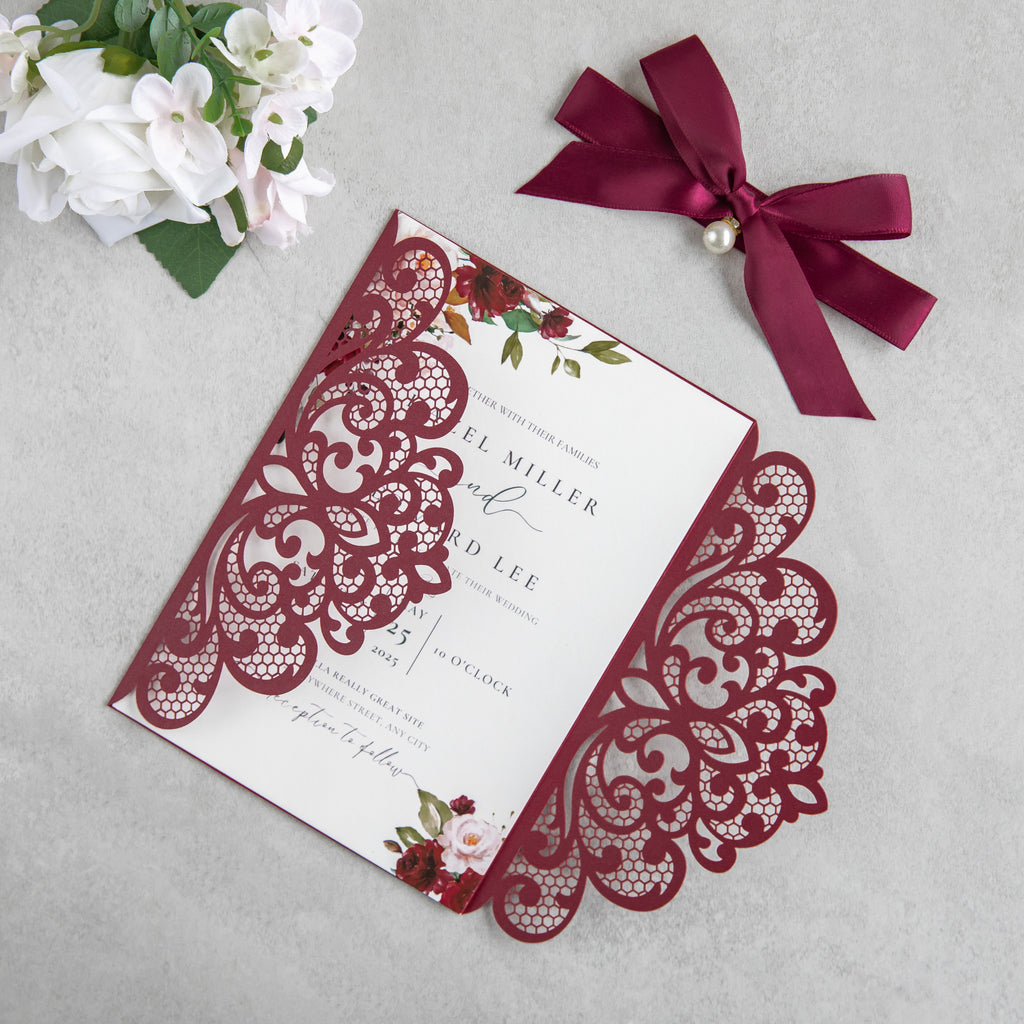 PONATIA 20 PCS Burgundy Laser Cut Invitation Cards with Ribbons and Rhinestone Pearls