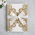 PONATIA 20 PCS Gold Glitter Laser Cut Invitation Cards with Ribbons and Rhinestone Pearls