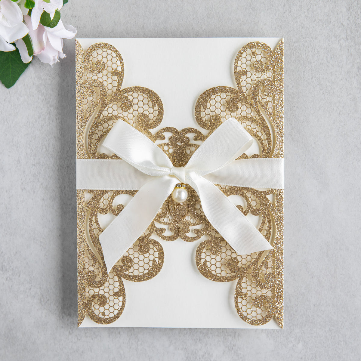 PONATIA 20 PCS Gold Glitter Laser Cut Invitation Cards with Ribbons and Rhinestone Pearls
