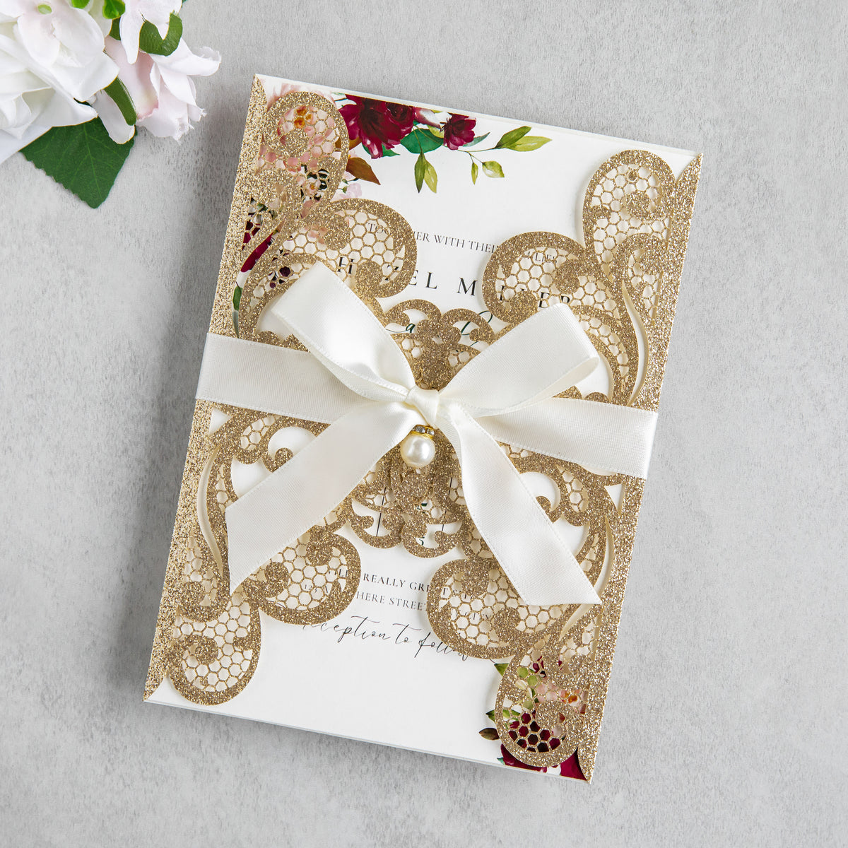 PONATIA 20 PCS Gold Glitter Laser Cut Invitation Cards with Ribbons and Rhinestone Pearls