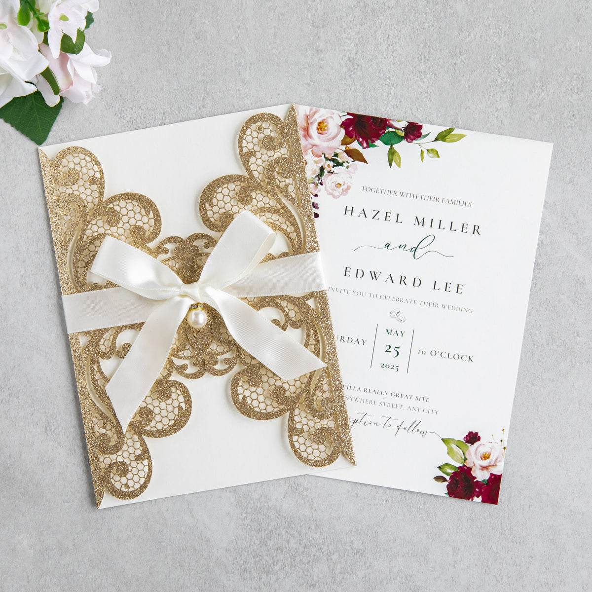 PONATIA 20 PCS Gold Glitter Laser Cut Invitation Cards with Ribbons and Rhinestone Pearls