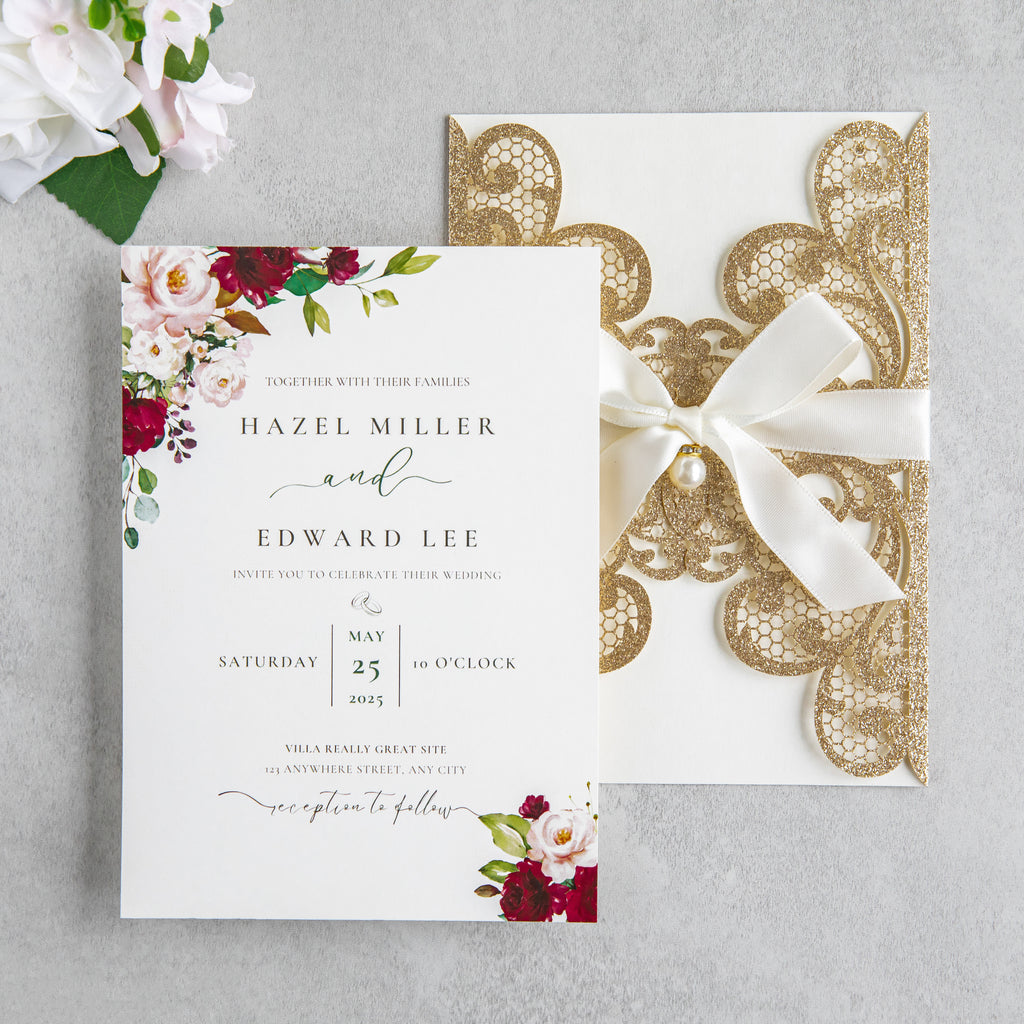 PONATIA 20 PCS Gold Glitter Laser Cut Invitation Cards with Ribbons and Rhinestone Pearls