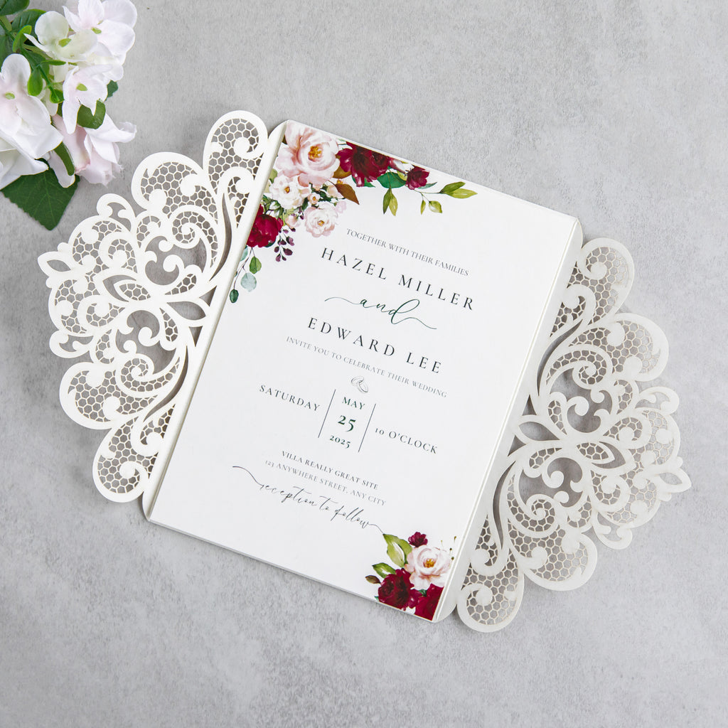 PONATIA 20 PCS Gold Glitter Laser Cut Invitation Cards with Ribbons and Rhinestone Pearls