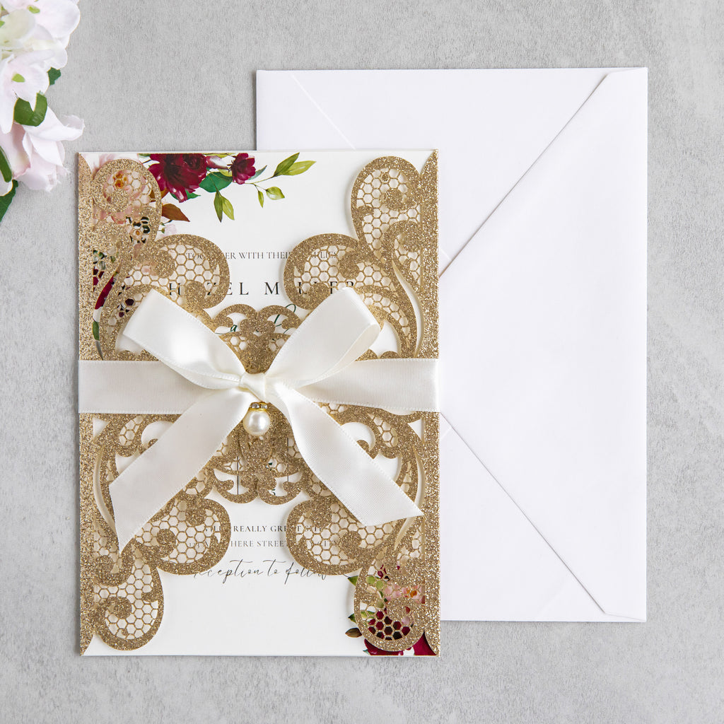 PONATIA 20 PCS Gold Glitter Laser Cut Invitation Cards with Ribbons and Rhinestone Pearls