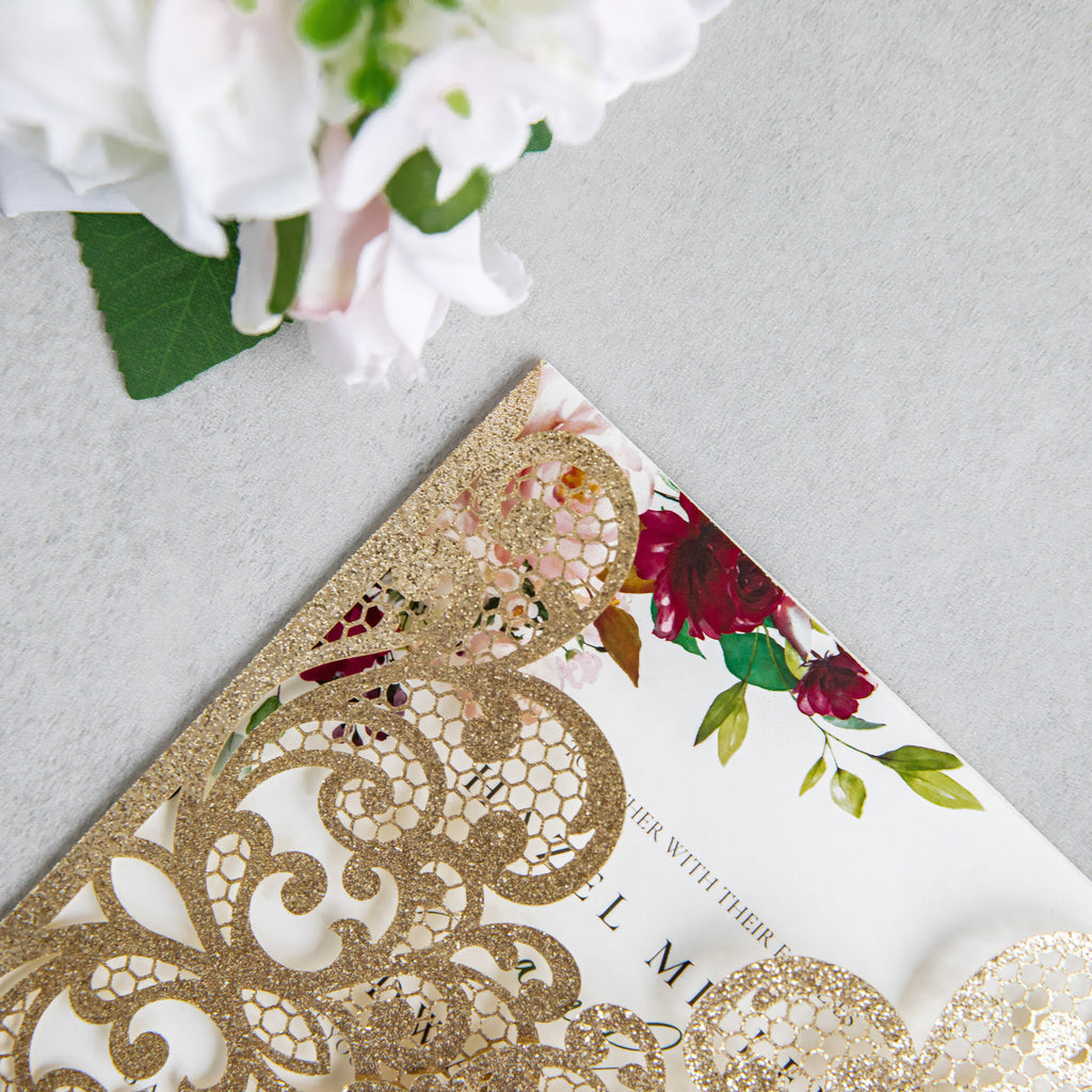 PONATIA 20 PCS Gold Glitter Laser Cut Invitation Cards with Ribbons and Rhinestone Pearls