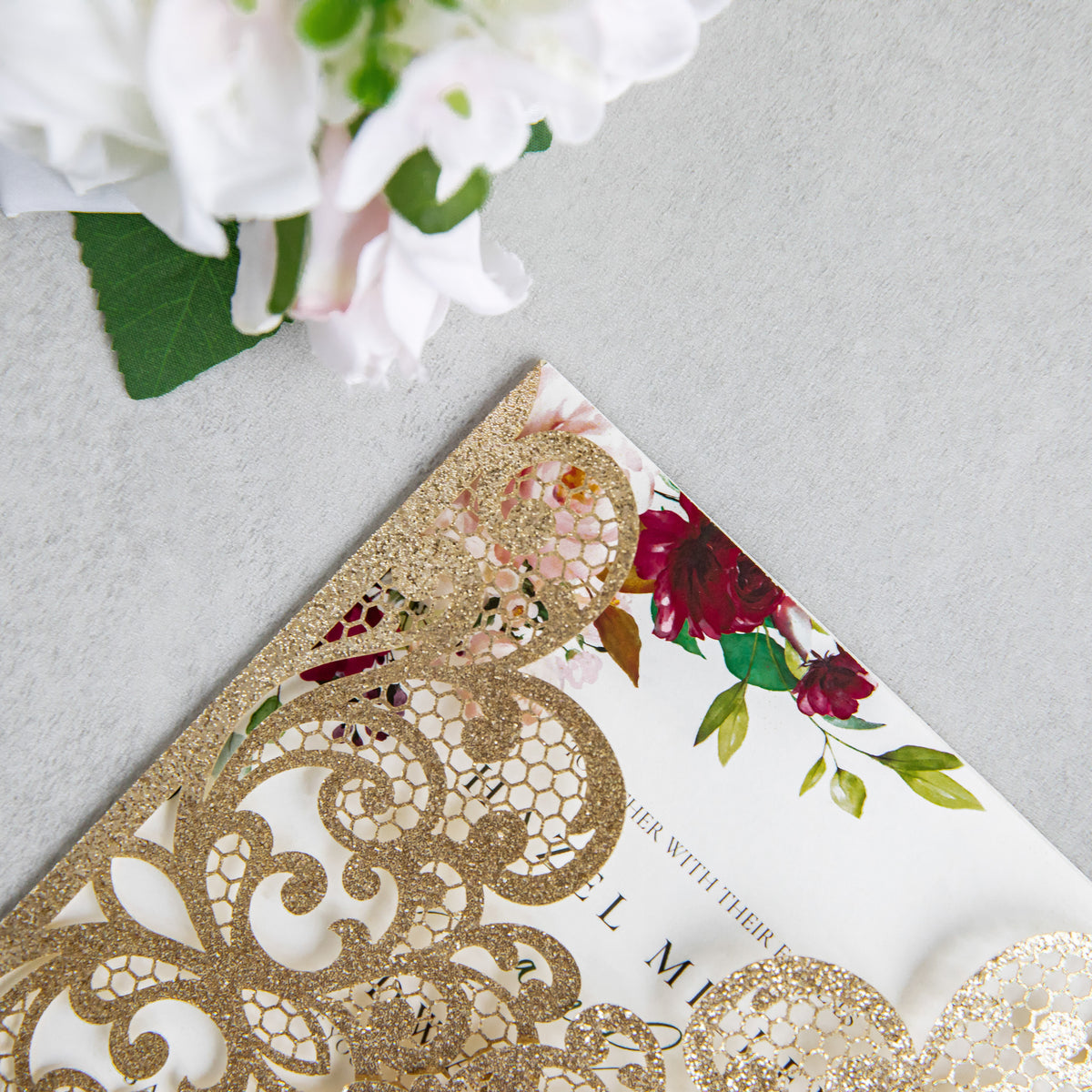 PONATIA 20 PCS Gold Glitter Laser Cut Invitation Cards with Ribbons and Rhinestone Pearls