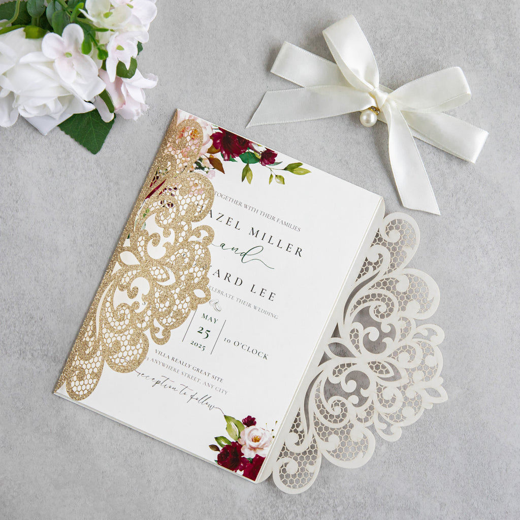 PONATIA 20 PCS Gold Glitter Laser Cut Invitation Cards with Ribbons and Rhinestone Pearls