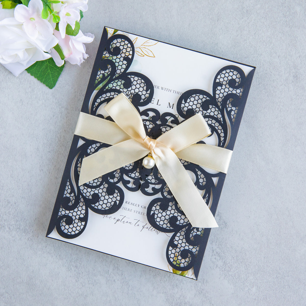 PONATIA 20 PCS Black Laser Cut Invitation Cards with Ribbons and Rhinestone Pearls