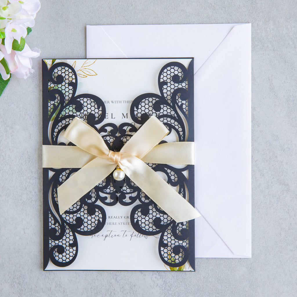 PONATIA 20 PCS Black Laser Cut Invitation Cards with Ribbons and Rhinestone Pearls