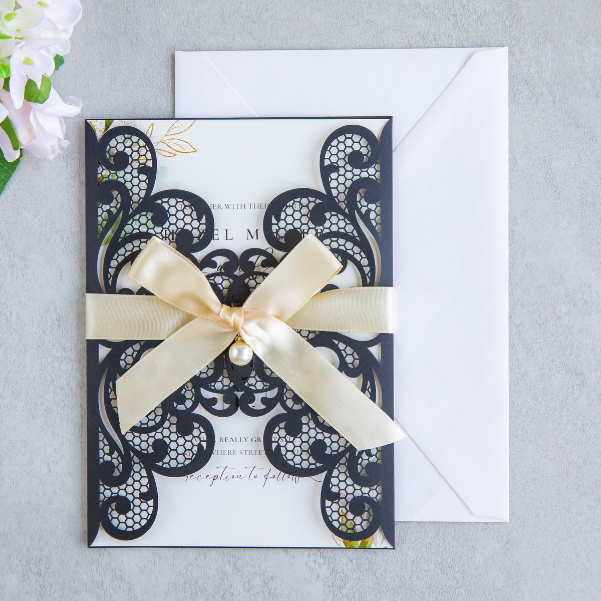 PONATIA 20 PCS Black Laser Cut Invitation Cards with Ribbons and Rhinestone Pearls