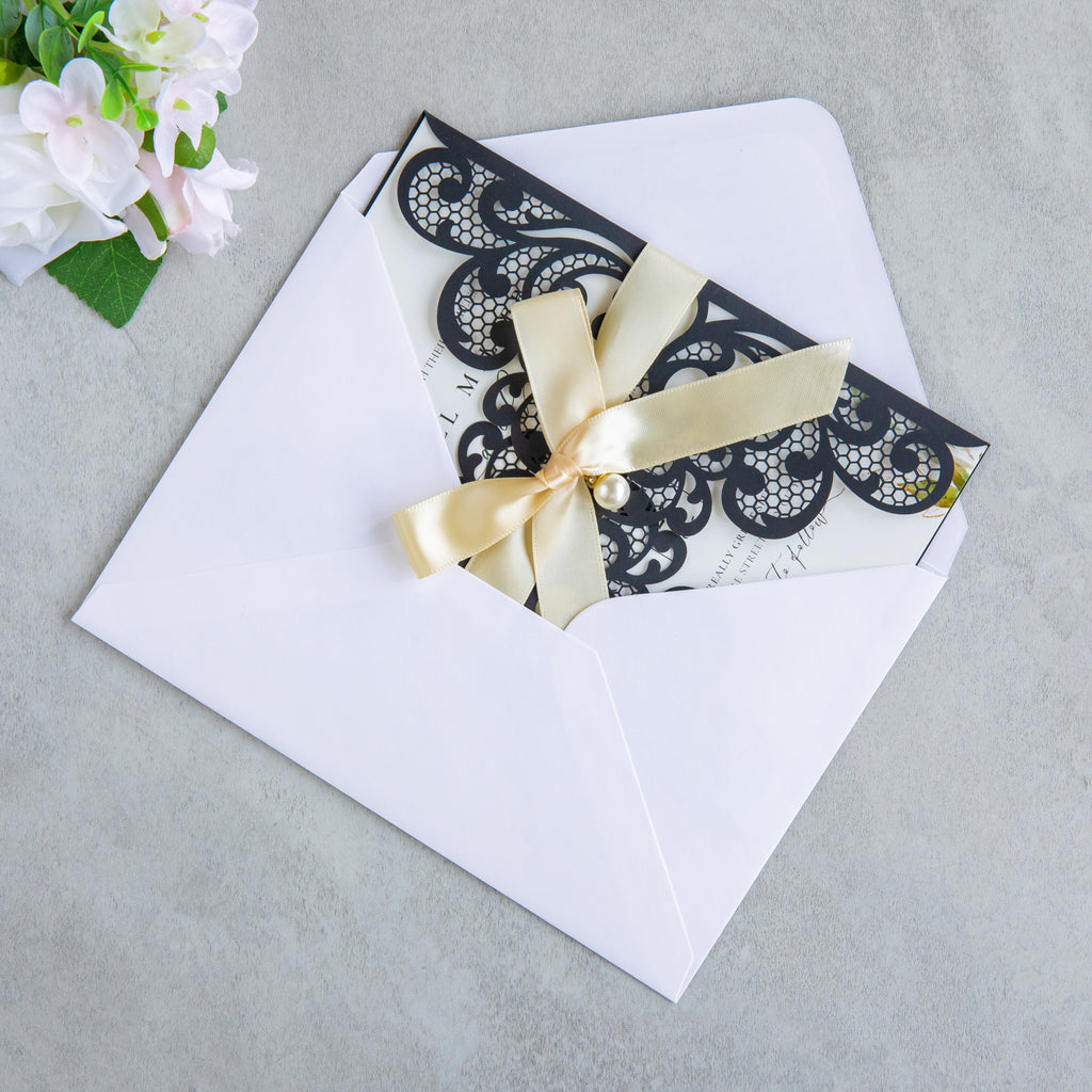 PONATIA 20 PCS Black Laser Cut Invitation Cards with Ribbons and Rhinestone Pearls
