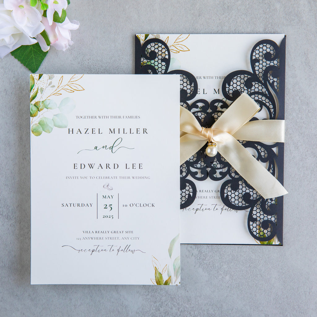 PONATIA 20 PCS Black Laser Cut Invitation Cards with Ribbons and Rhinestone Pearls