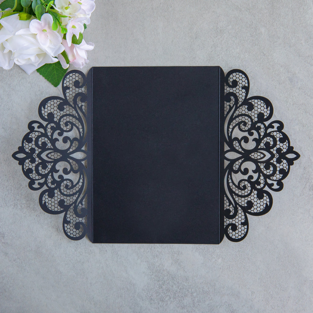 PONATIA 20 PCS Black Laser Cut Invitation Cards with Ribbons and Rhinestone Pearls