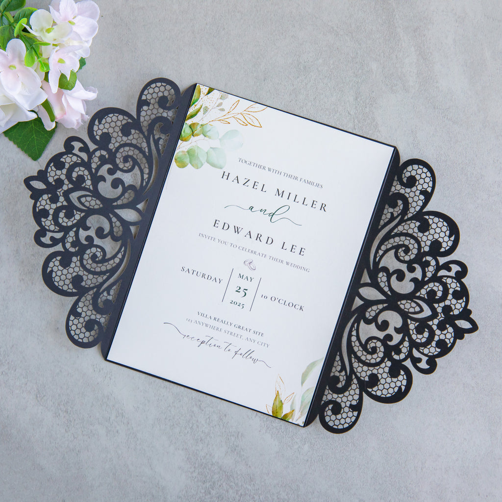 PONATIA 20 PCS Black Laser Cut Invitation Cards with Ribbons and Rhinestone Pearls
