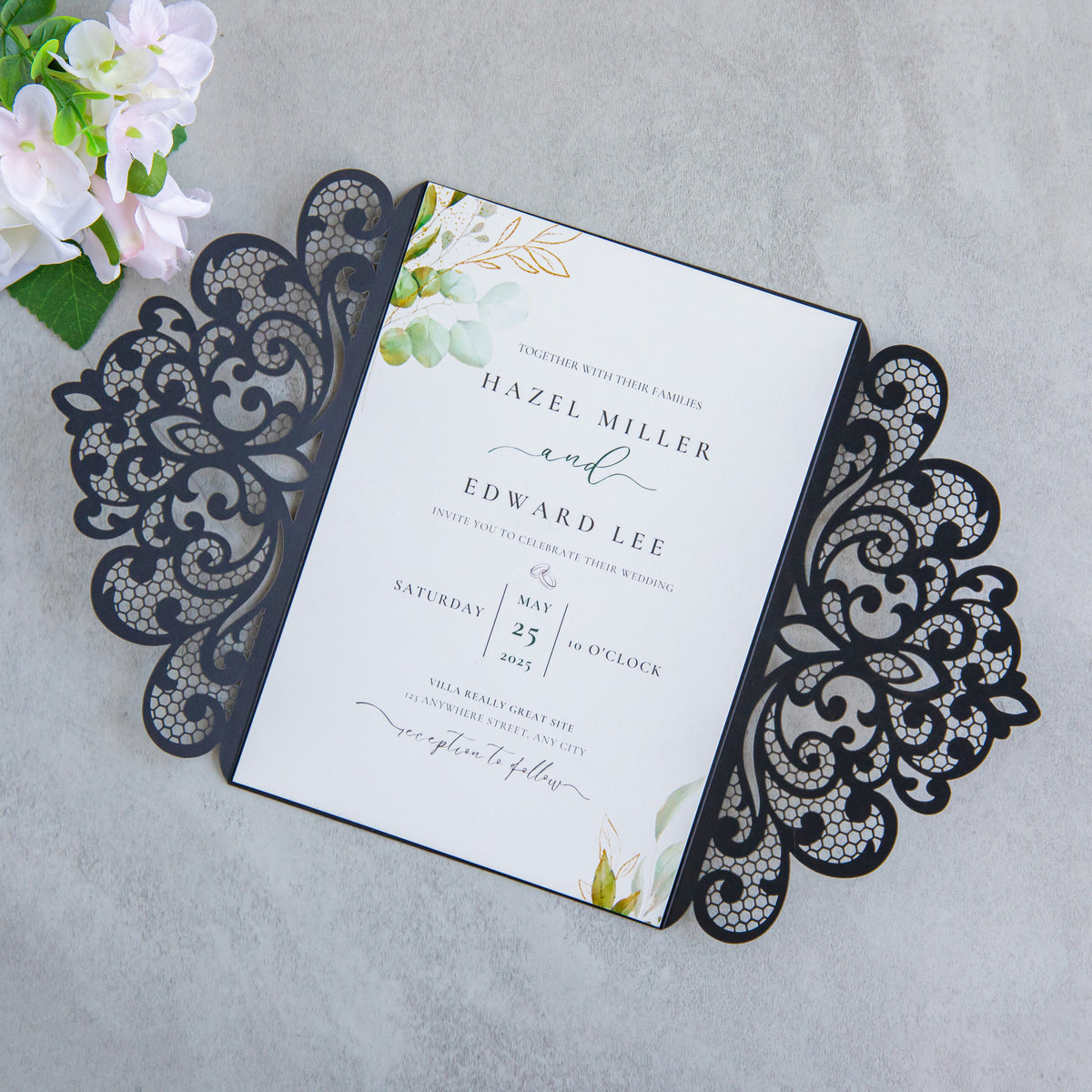 PONATIA 20 PCS Black Laser Cut Invitation Cards with Ribbons and Rhinestone Pearls