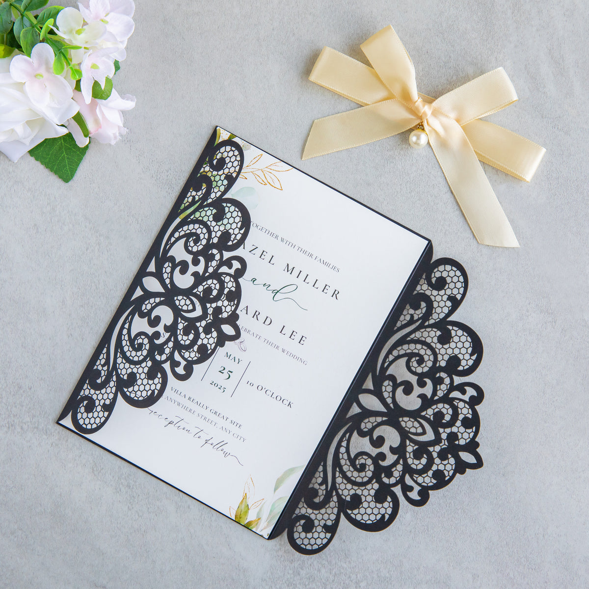 PONATIA 20 PCS Black Laser Cut Invitation Cards with Ribbons and Rhinestone Pearls