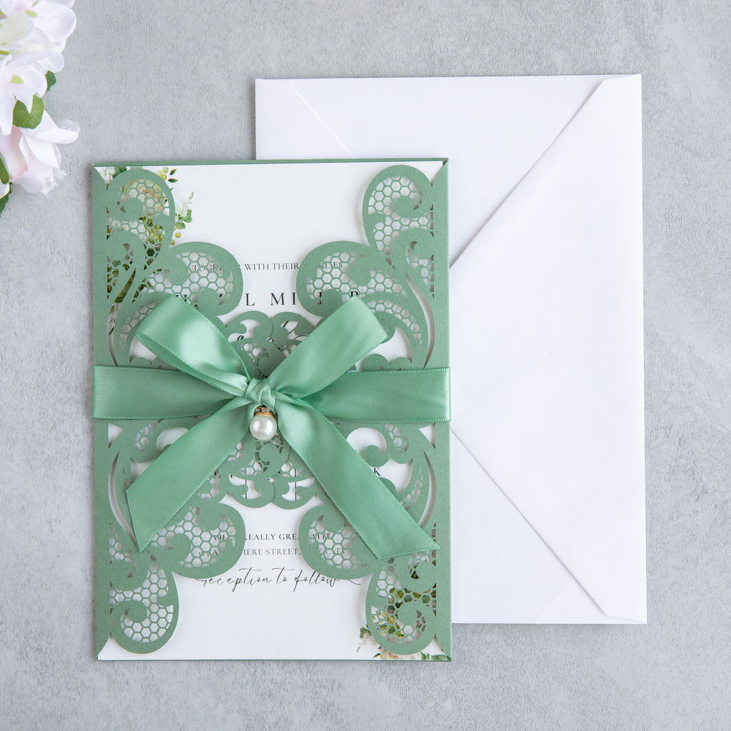 PONATIA 20 PCS Sage Green Laser Cut Invitation Cards with Ribbons and Rhinestone Pearls