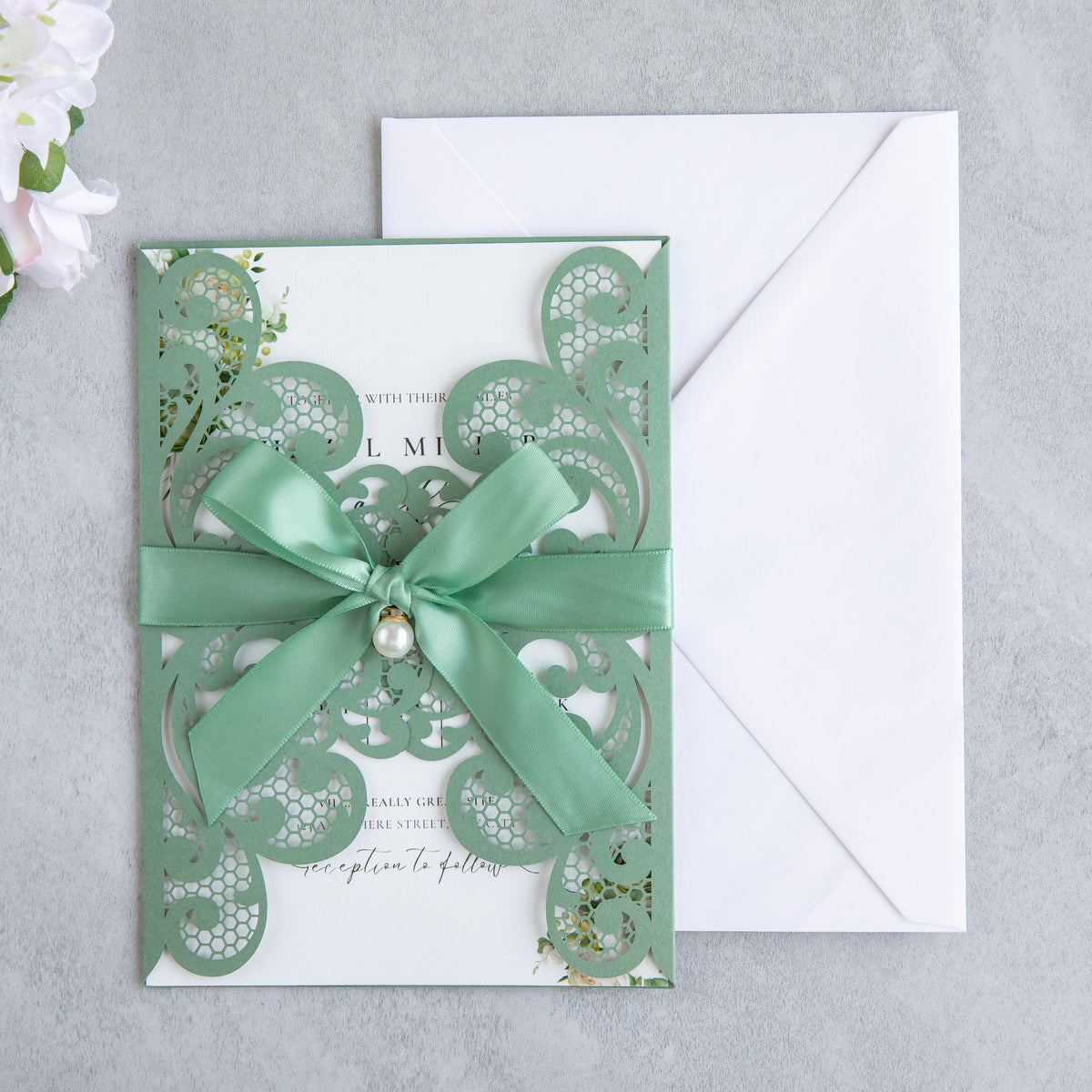 PONATIA 20 PCS Sage Green Laser Cut Invitation Cards with Ribbons and Rhinestone Pearls
