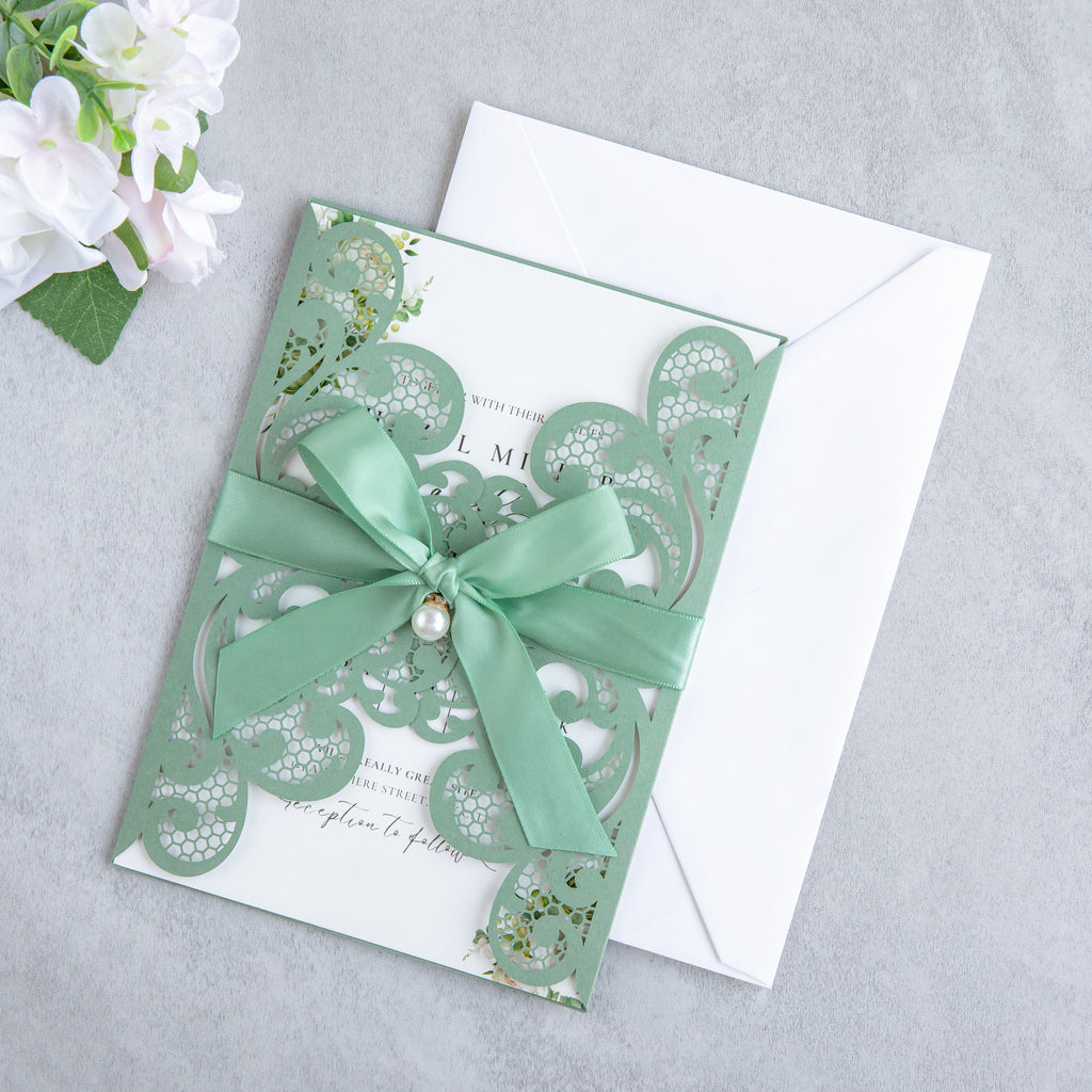 PONATIA 20 PCS Sage Green Laser Cut Invitation Cards with Ribbons and Rhinestone Pearls