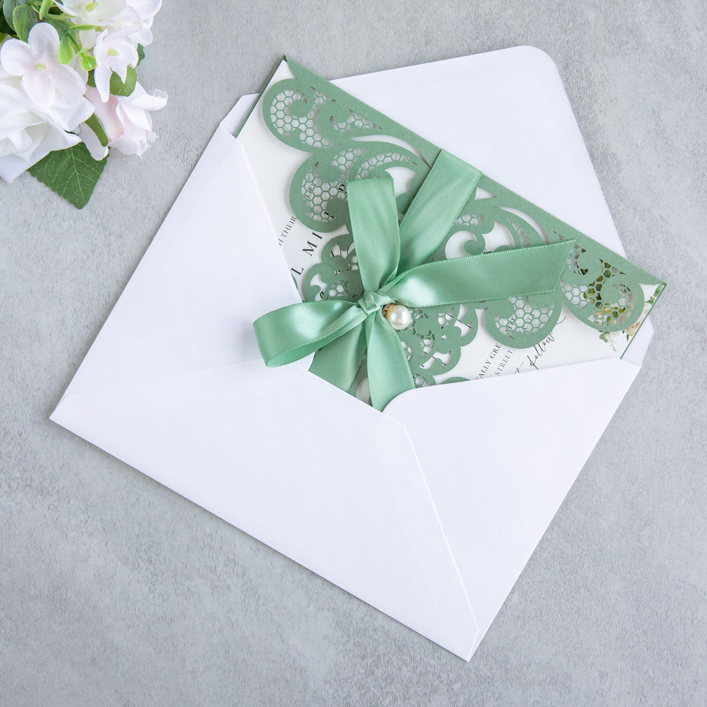 PONATIA 20 PCS Sage Green Laser Cut Invitation Cards with Ribbons and Rhinestone Pearls