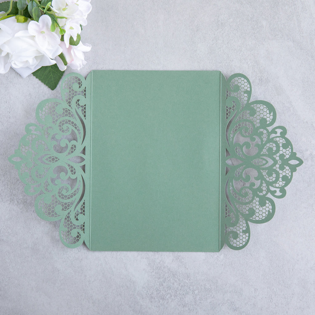 PONATIA 20 PCS Sage Green Laser Cut Invitation Cards with Ribbons and Rhinestone Pearls