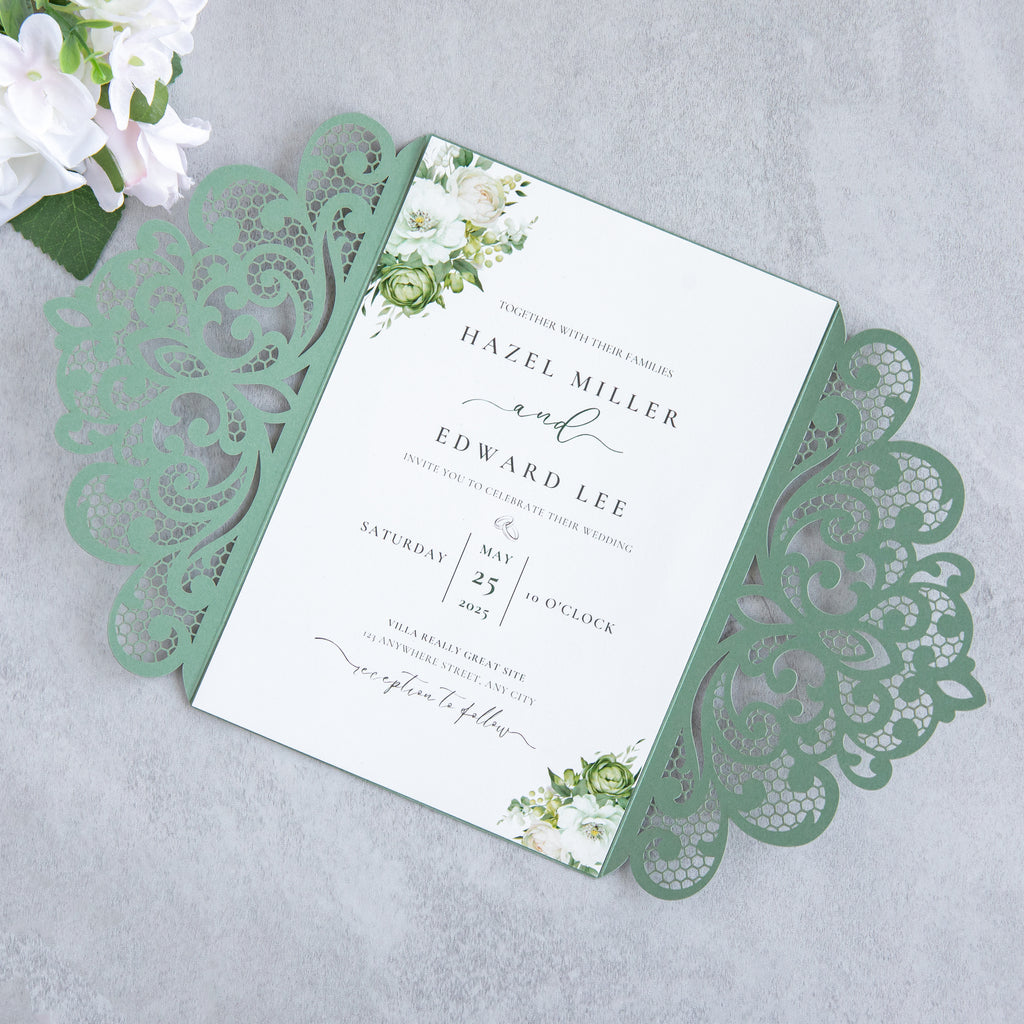 PONATIA 20 PCS Sage Green Laser Cut Invitation Cards with Ribbons and Rhinestone Pearls