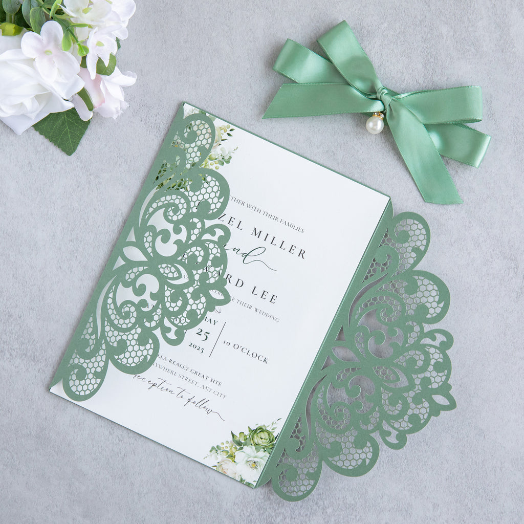 PONATIA 20 PCS Sage Green Laser Cut Invitation Cards with Ribbons and Rhinestone Pearls
