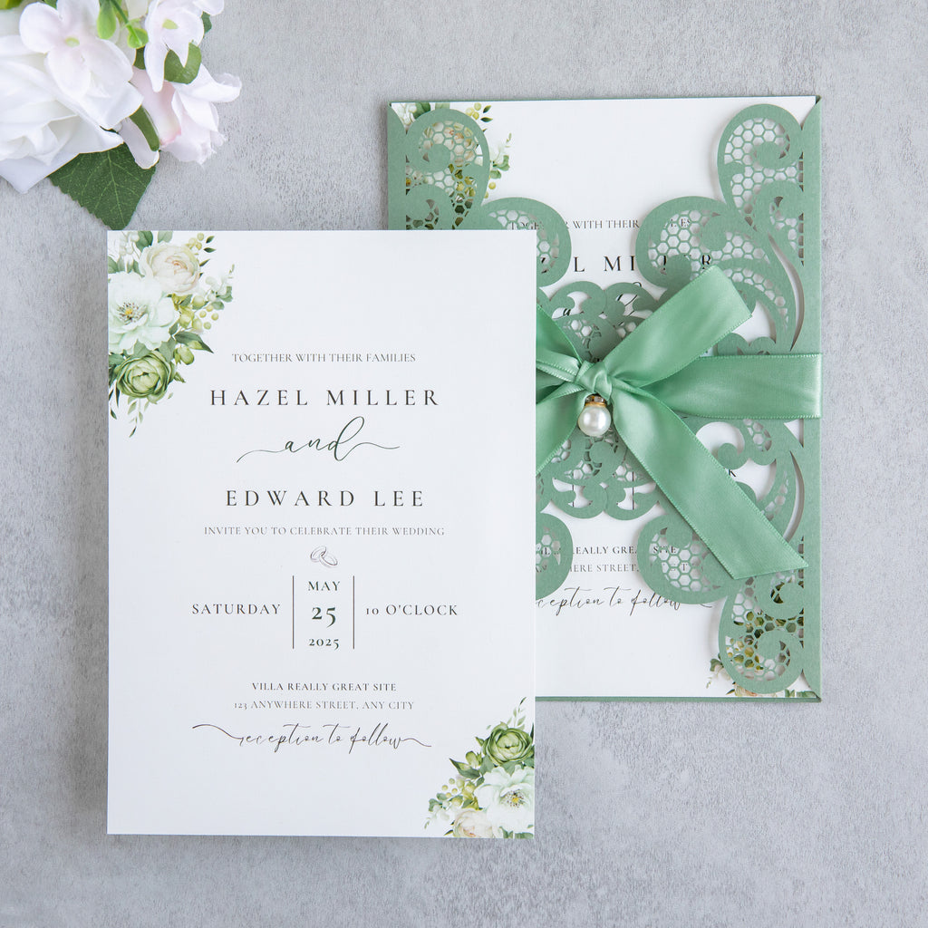 PONATIA 20 PCS Sage Green Laser Cut Invitation Cards with Ribbons and Rhinestone Pearls