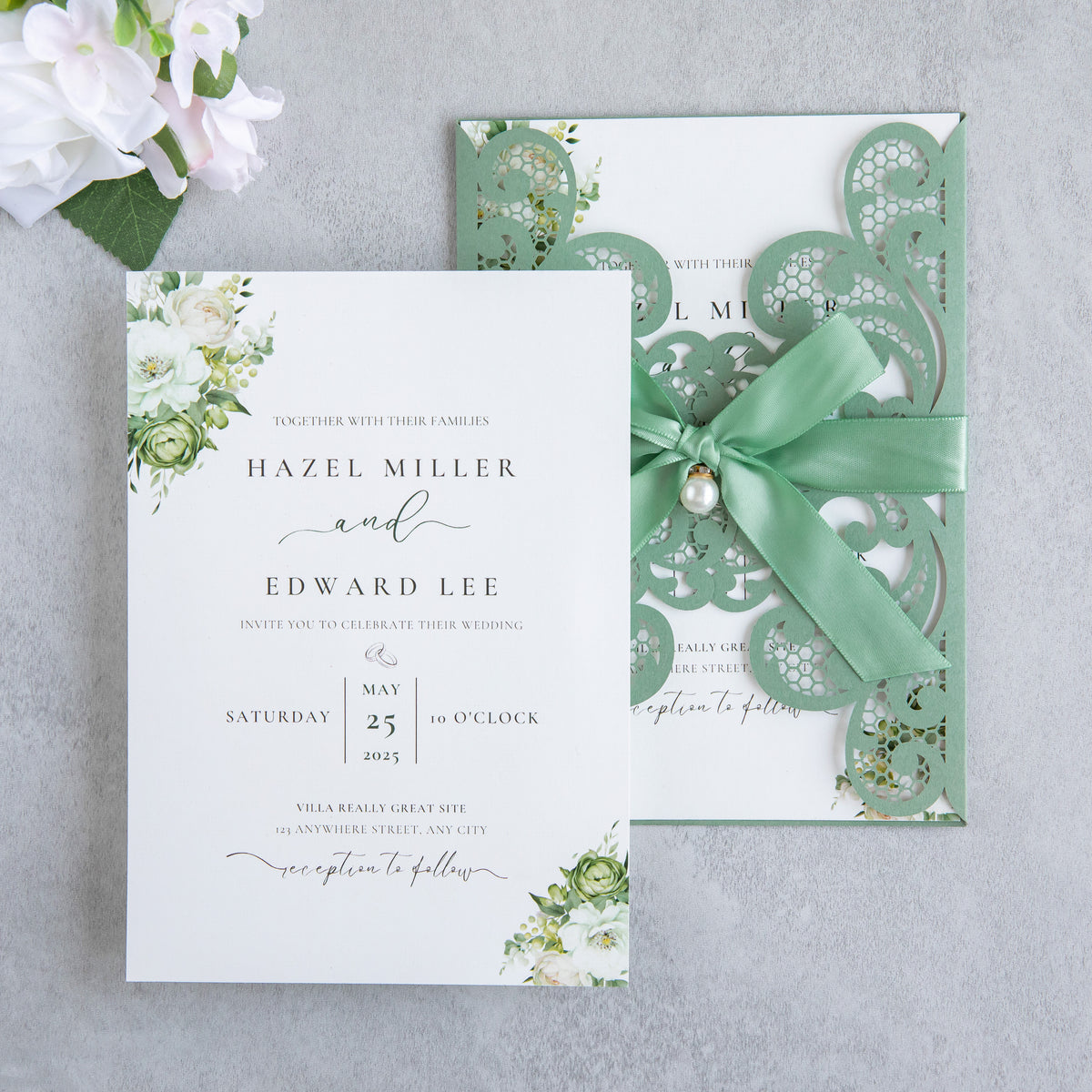 PONATIA 20 PCS Sage Green Laser Cut Invitation Cards with Ribbons and Rhinestone Pearls